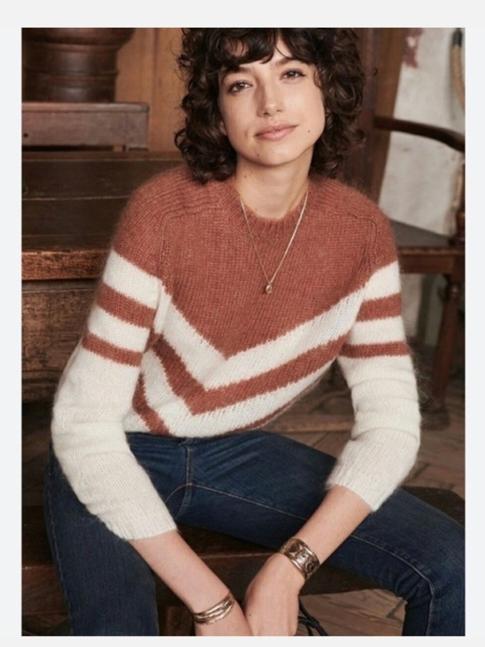Sezane Joy Mohair Merino Wool Blend Chevron Knit Sweater in Rust and Cream Sz.Xs